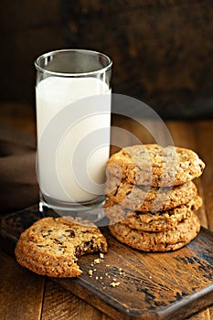 Chocolate chunk cookies with a glass of milk