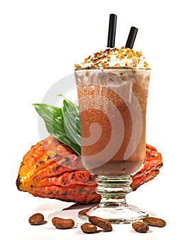 Chocolate Cocktail with Cacao Fruit isolated on white Background