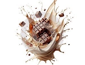 Chocolate cocoa and coffee milk isolated flow splash, swirl wave.