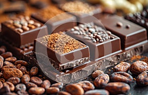 Chocolate cocoa powder and coffee beans on wooden background