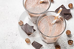 Chocolate coconut hazelnut milkshake or smoothie tclose up.