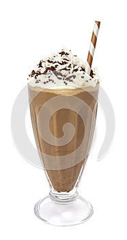 Chocolate coconut milkshake with whipped cream on a white background