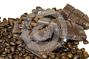 Chocolate and coffee beans. isolated background
