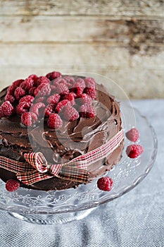 Chocolate coffee ganache cake with fresh raspberries and ribbon photo