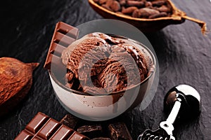 Chocolate coffee ice cream ball in a bowl. ice cream scoop