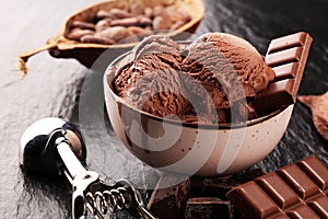 Chocolate coffee ice cream ball in a bowl. ice cream scoop