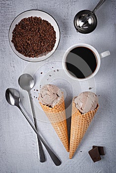 Chocolate coffee ice cream in a waffle cone