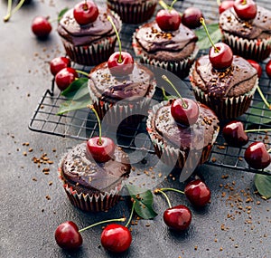 Chocolate-coffee muffins with melted dark chocolate topping with the addition of fresh cherries on a cooling tray