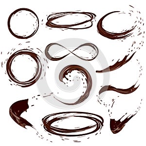 Chocolate or coffee splashes set, isolated design elements, vector 3d illustration