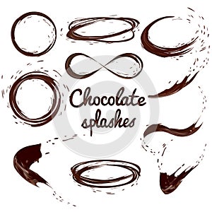 Chocolate or coffee splashes set, isolated design elements, vector 3d illustration