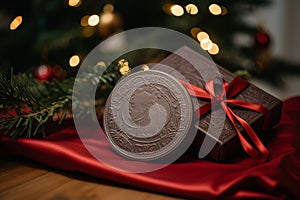 a chocolate coin on a red satin cloth with a red ribbon and a christmas tree in the background