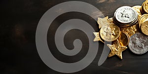 chocolate coins and stars, wrapped in gold and silver foil, on a dark brown background. banner, copy space