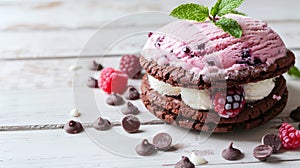 Chocolate cookie with ice cream and raspberries