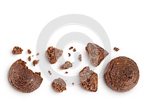 chocolate cookie with kerob and nuts isolated on white background. Healthy food, gluten-free, flour-free. Top view with