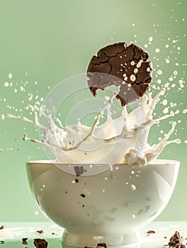 A Chocolate cookie splash in a bowl of milk