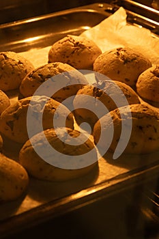 Chocolate cookies are baked in the oven. delicious cookies for tea are prepared at home by the housewives.