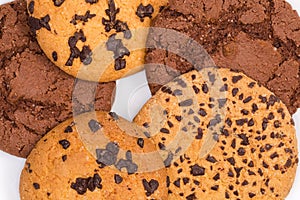 Chocolate cookies and chocolate chip cookies, fragment close-up