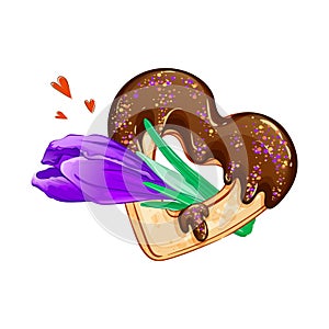 Chocolate cookies heart in glaze with purple crocus flower.