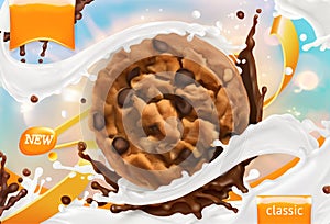 Chocolate cookies. White milk splash. 3d vector