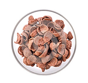 Chocolate corn flakes in a bowl on white background