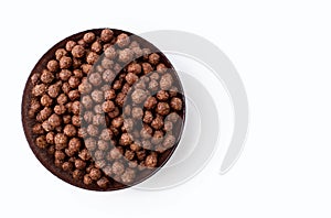 Chocolate corn flakes in a bowl on a white isolated background