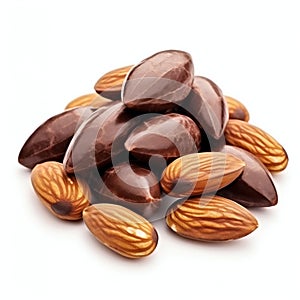 Chocolate Covered Almonds Isolated on White Background. Generative ai