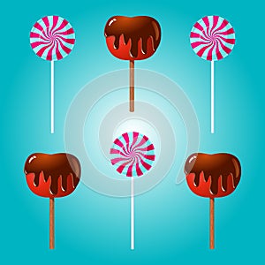 Chocolate covered apple and lollipop vector illustration.