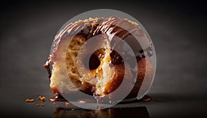 a chocolate covered doughnut with a bite taken out of it