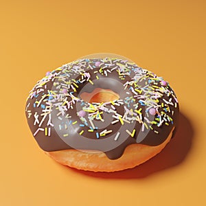 Chocolate covered doughnut with colored jimmies and sprinkles on an orange background photo