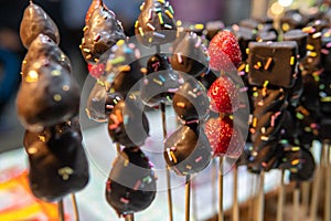 Chocolate covered fruit and treats on street in northern Thailand