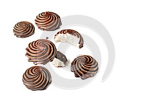 Chocolate-covered marshmallow close-up, isolated on a white background.Selective focus