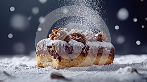 Chocolate-Covered Pastry with Whipped Cream and Powdered Sugar