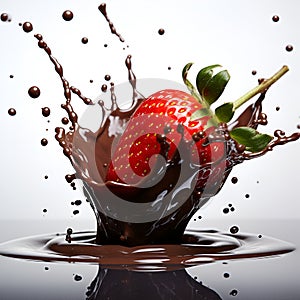 chocolate-covered strawberries, one ripe red berry in a splash of melted chocolate on a white background.