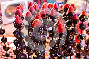 Chocolate-Covered Strawberries snacks on a stick, street food in Beijing, China