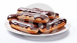 chocolate-covered Ã©clairs on a white plate, showcasing their glossy chocolate glaze