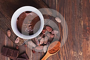 Chocolate cream, cocoa beans and powder and pieces of chocolate on the wooden table