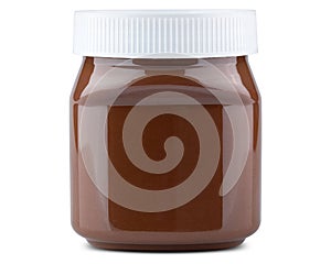 Chocolate cream with hazelnut. Jar of Brown, sweetened hazelnut cocoa spread. photo