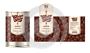 Chocolate Cream label and packaging. Tin can with label with pattern from chocolate bubbles.