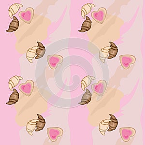 Chocolate croissant,biscuits and soft pink color photo