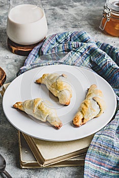 Chocolate croissants with milk for breakfast