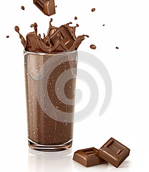 Chocolate cubes splashing into a choco milkshake glass.