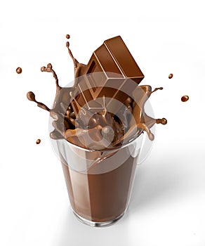 Chocolate cubes splashing into a chocolate milkshake glass.