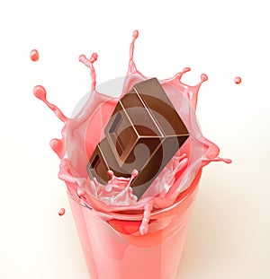 Chocolate cubes splashing into a glass full of strawberry milkshake.