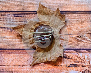 Chocolate cupcake on a big yellow leaf on a wooden background