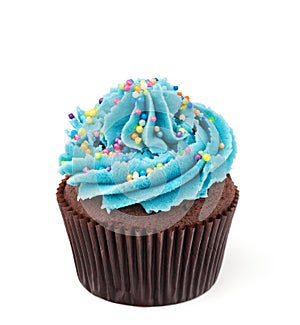 Chocolate cupcake with blue buttercream isolated on white