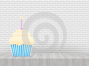 Chocolate cupcake with burning candle. Vector stock illustration