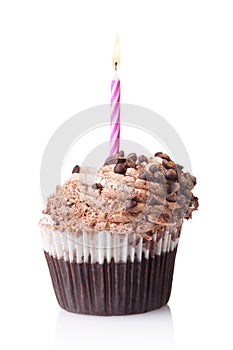 Chocolate cupcake with candle isolated on white