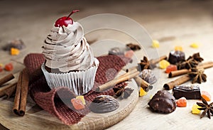 Chocolate Cupcake with Cherry and Cream