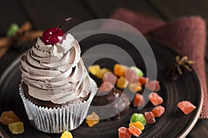 Chocolate Cupcake with Cherry and Cream