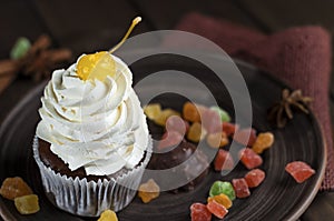 Chocolate Cupcake with Cherry and Cream